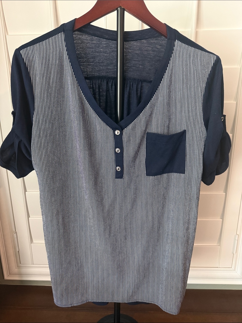 PerSeption Concept Navy and White Striped V-Neck Pocket Top